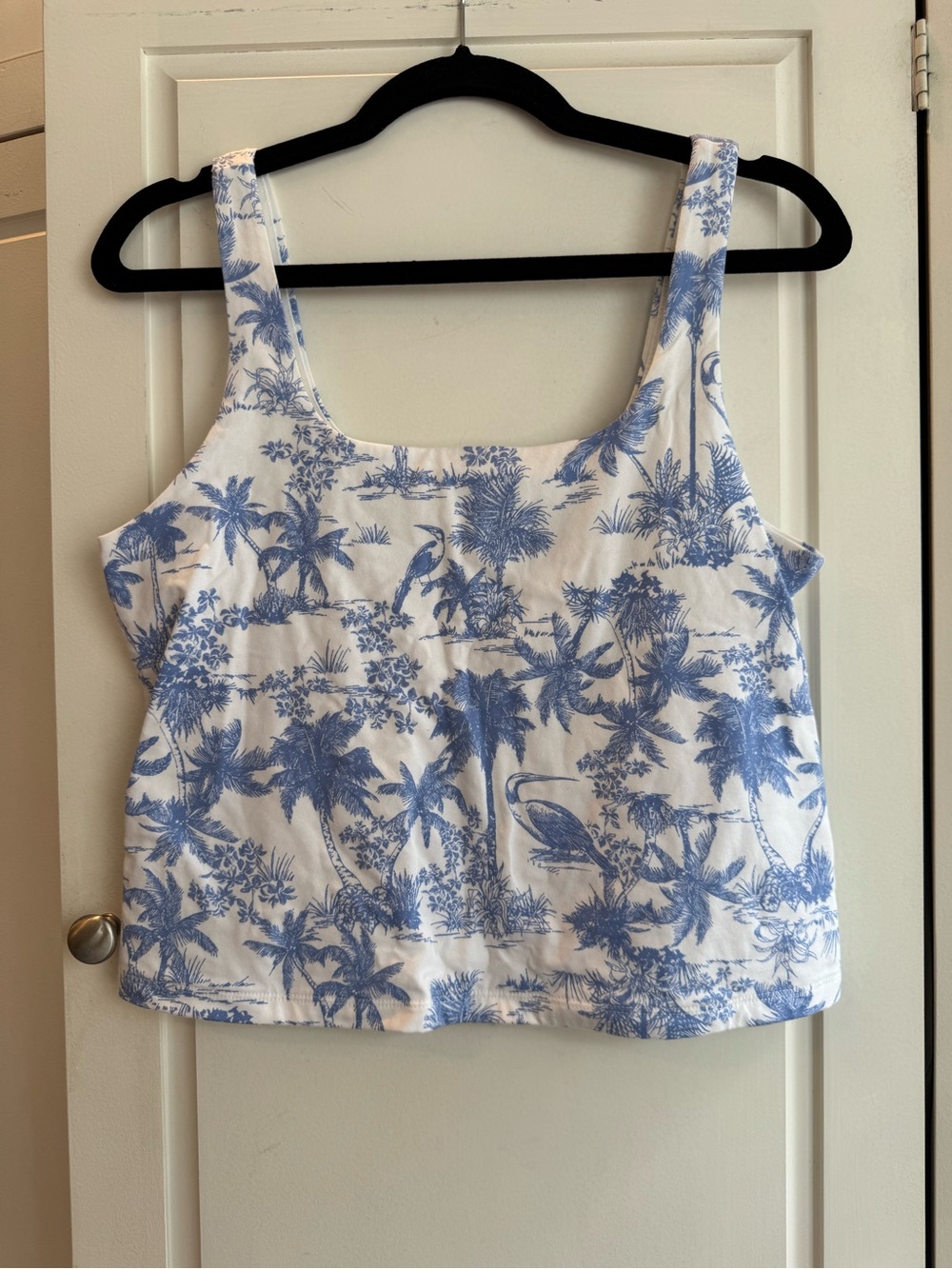 a new day White Tank Top with Blue Toile Print
